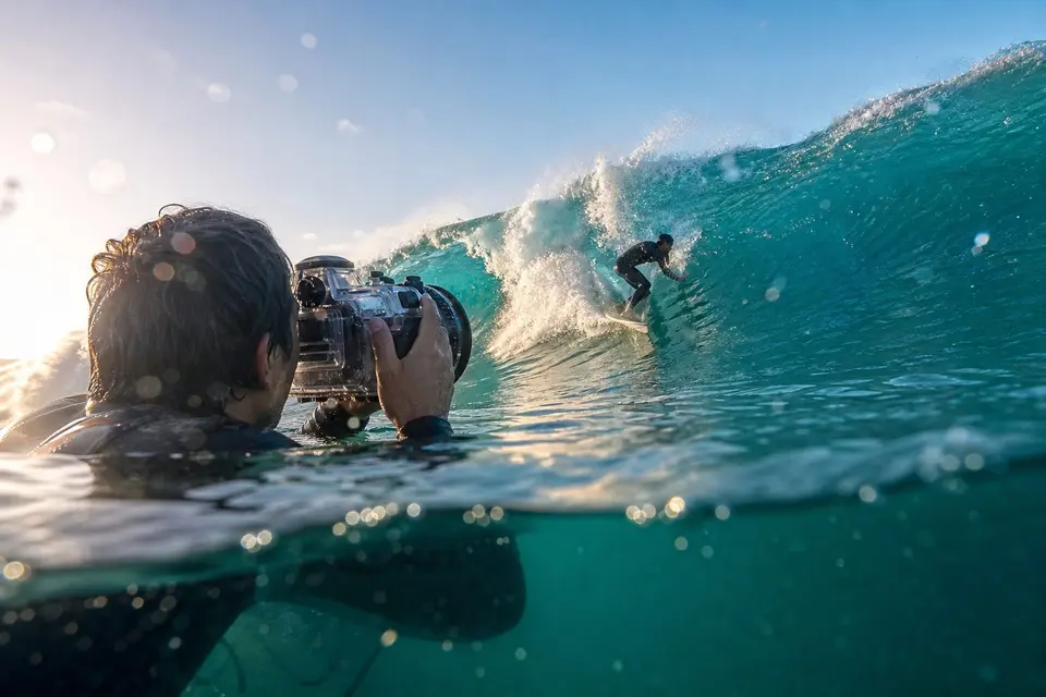 Water photographer shooting a surfer from ocean level