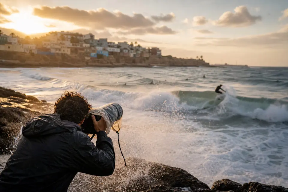 Surf photographer working through spray and difficult coastal light
