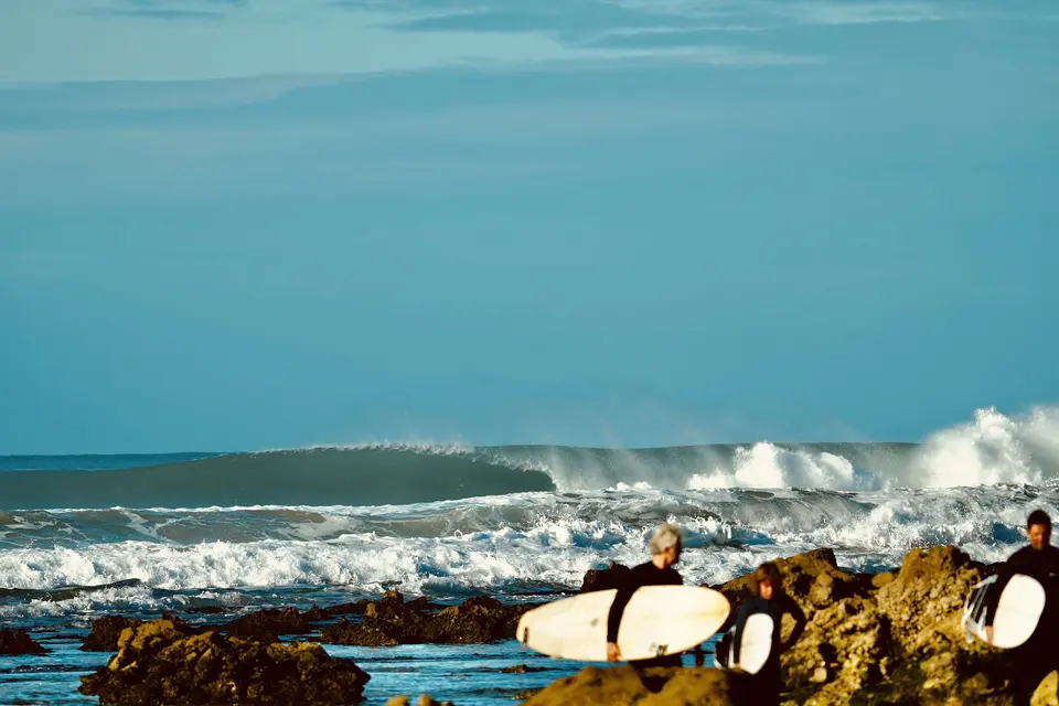 Small crew of surfers walking toward the water